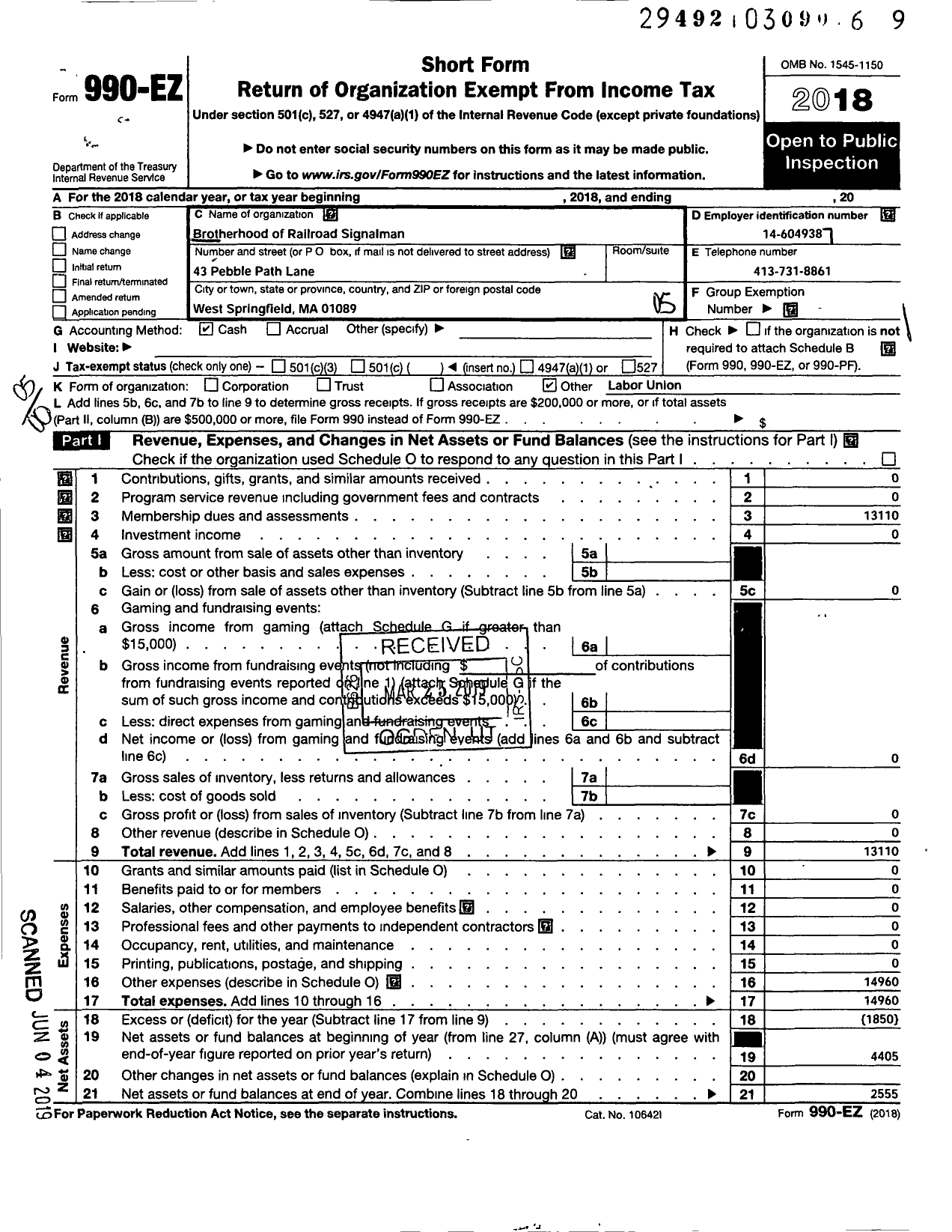 Image of first page of 2018 Form 990EO for Brotherhood of Railroad Signalmen - 213 Deegan Local