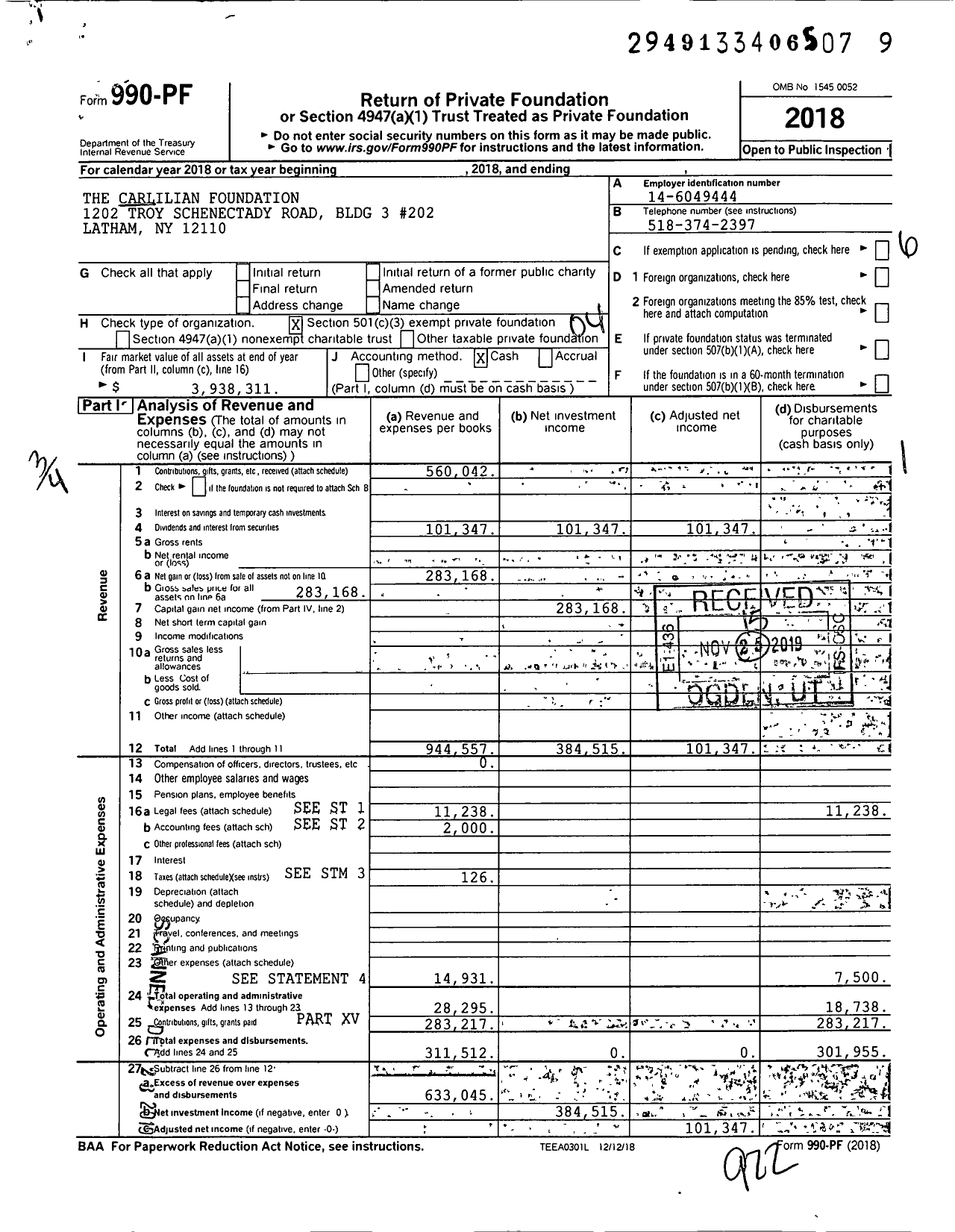 Image of first page of 2018 Form 990PF for The Carlilian Foundation