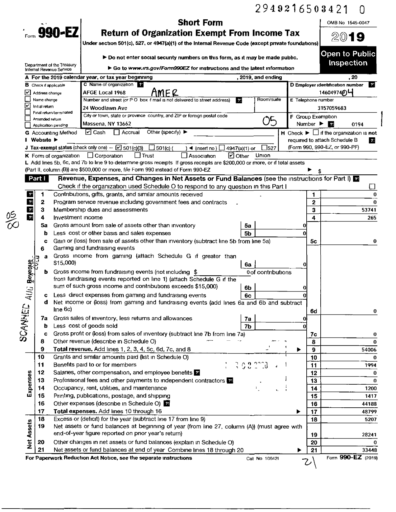 Image of first page of 2019 Form 990EO for American Federation of Government Employees - 1968 Afge Local