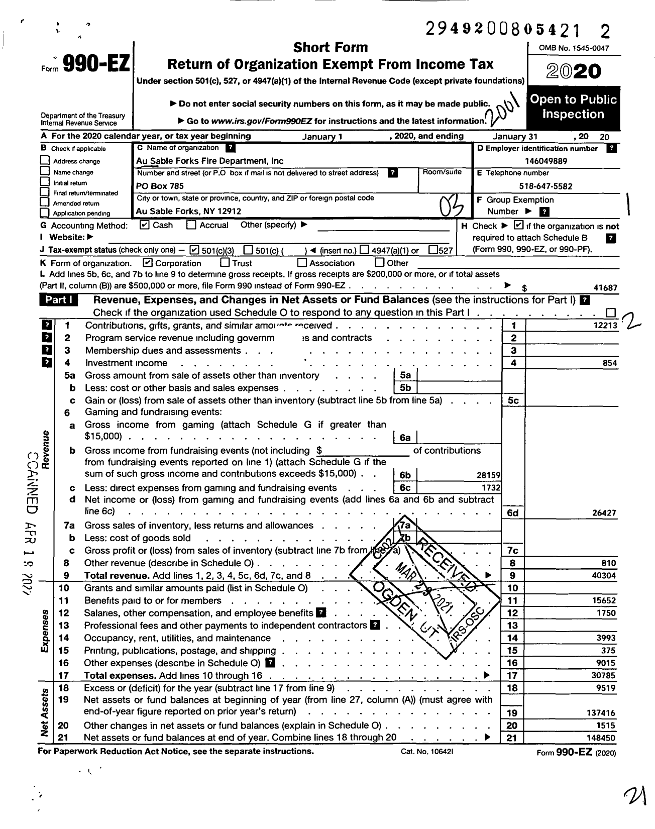 Image of first page of 2019 Form 990EZ for Ausable Forks Fire Department