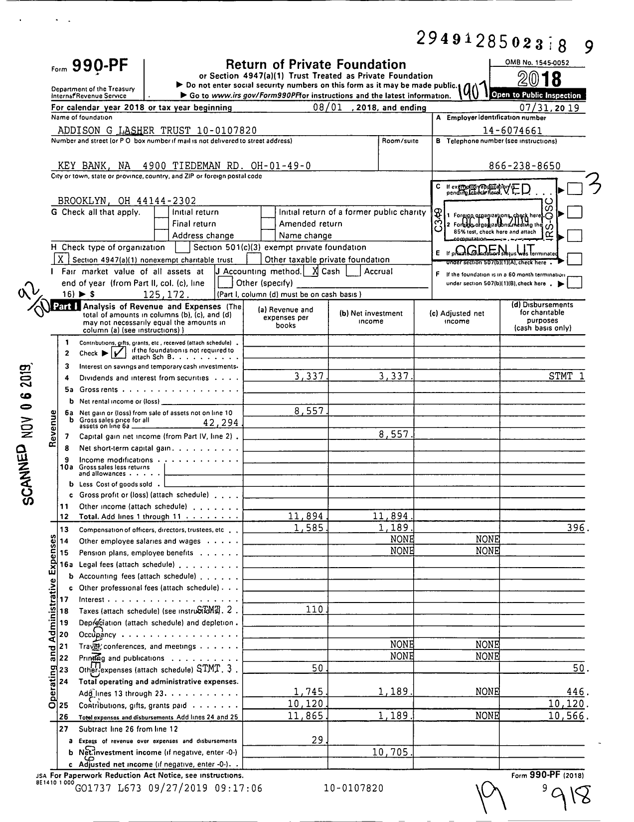 Image of first page of 2018 Form 990PF for Addison G Lasher Trust