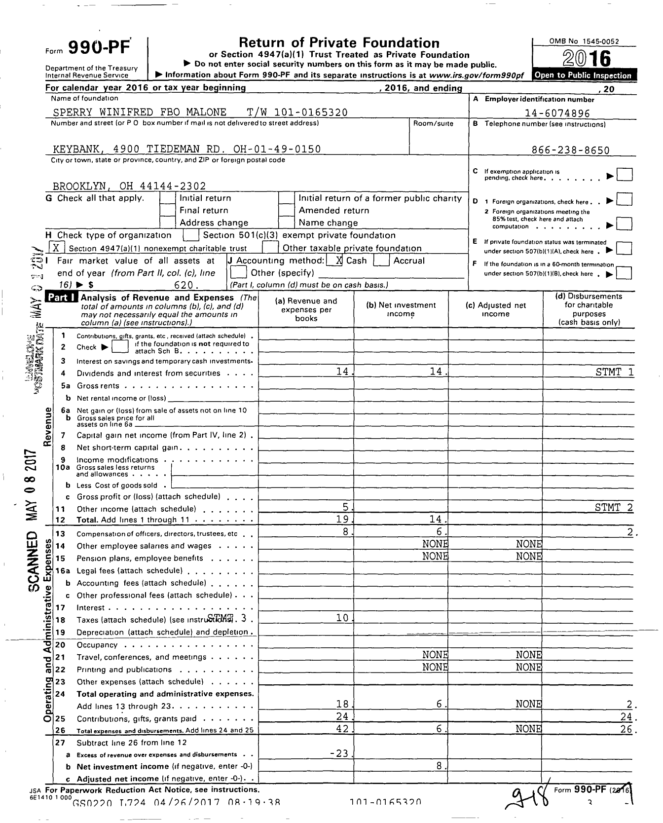 Image of first page of 2016 Form 990PF for Sperry Winifred Fbo Malone TW