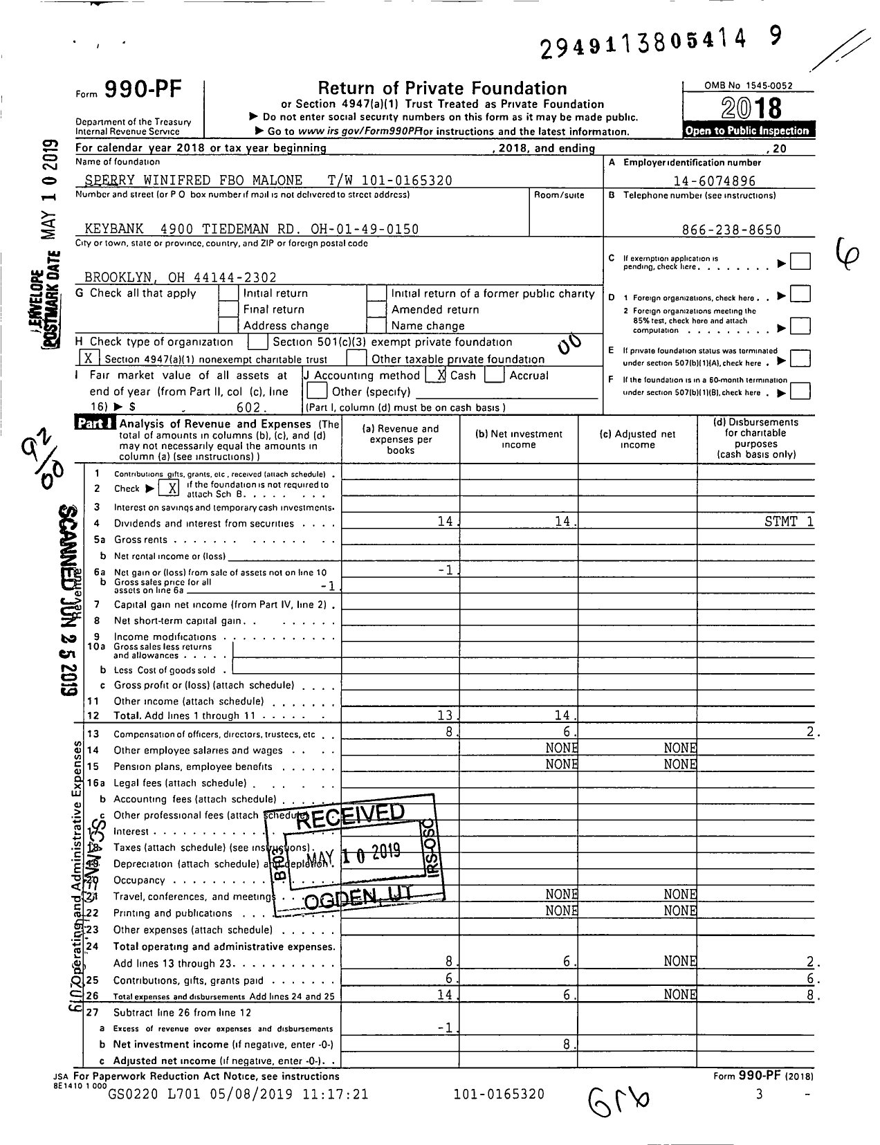 Image of first page of 2018 Form 990PF for Sperry Winifred Fbo Malone TW