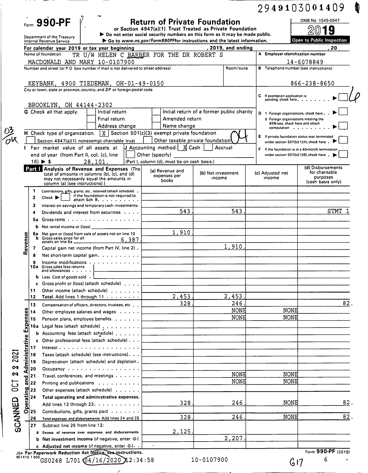 Image of first page of 2019 Form 990PF for TR Uw Helen C Barber for the Dr Robert S