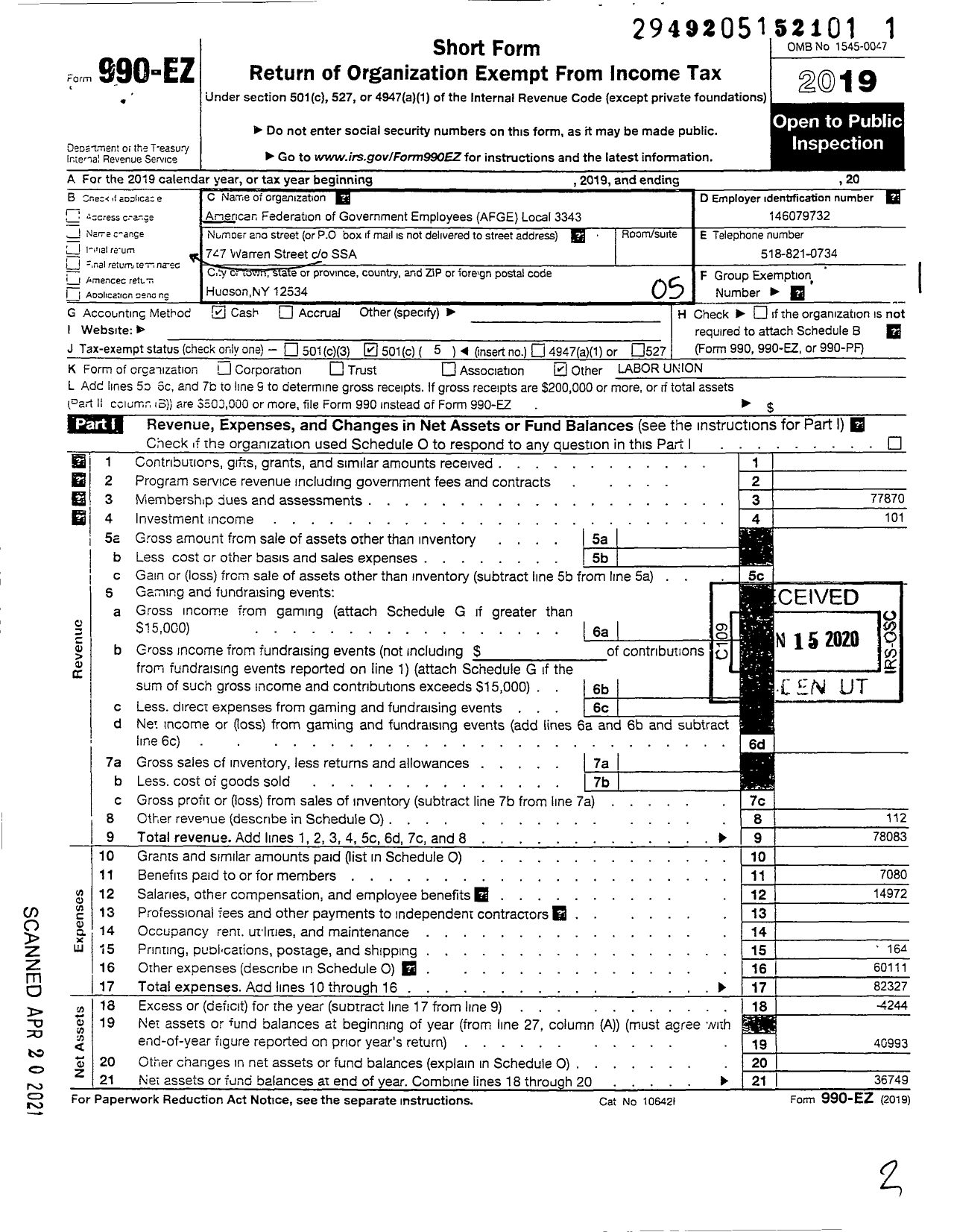 Image of first page of 2019 Form 990EO for American Federation of Government Employees - 3343 Local Afge