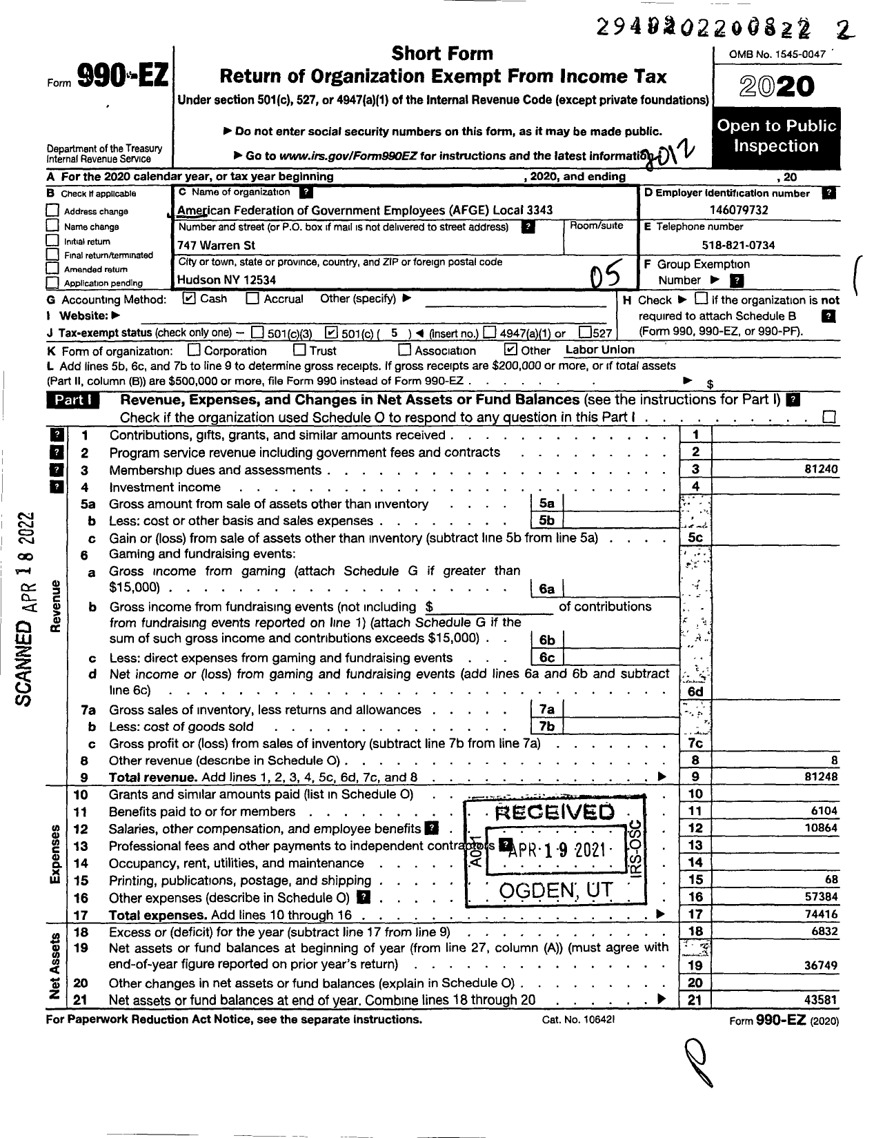 Image of first page of 2020 Form 990EO for American Federation of Government Employees - 3343 Local Afge