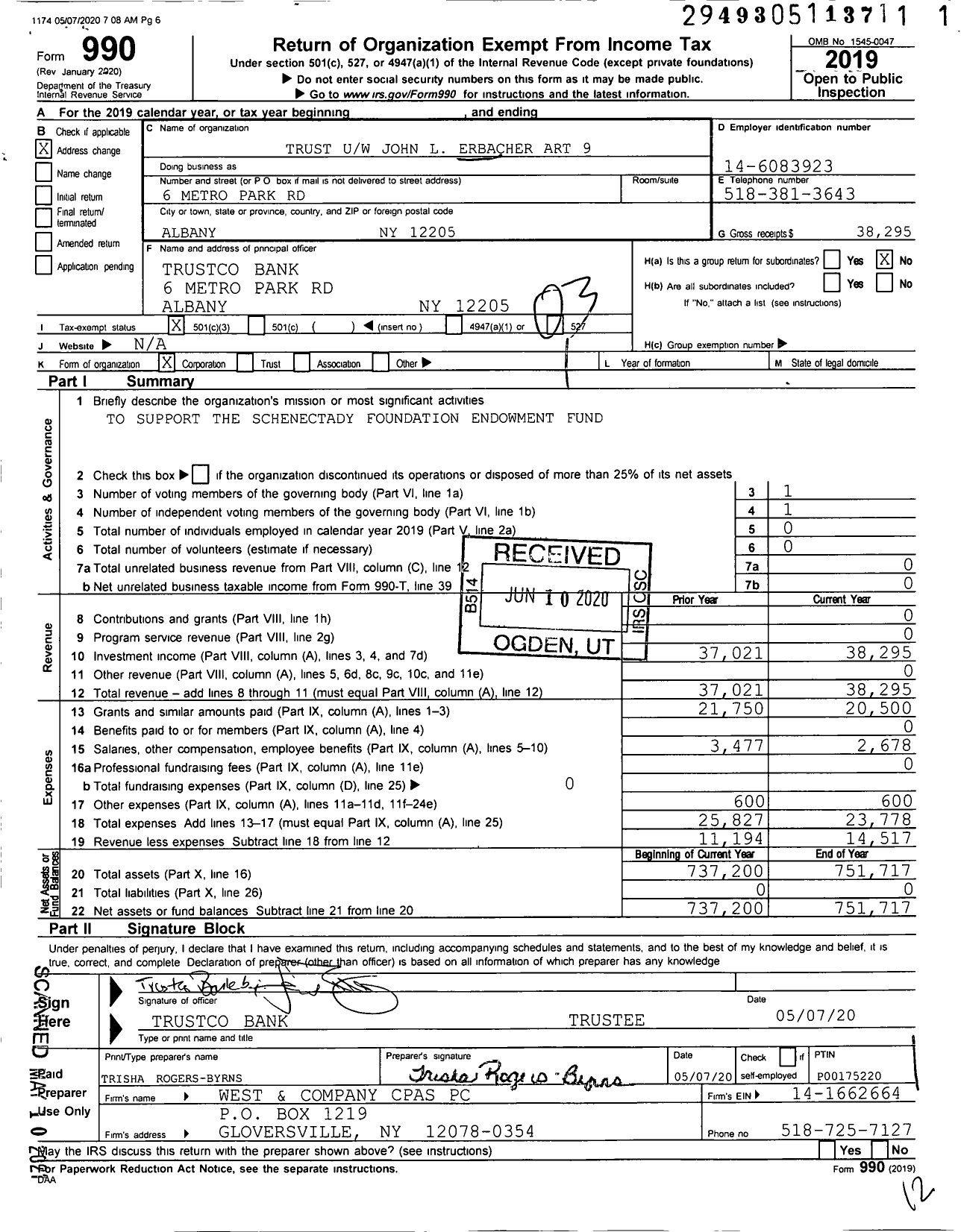 Image of first page of 2019 Form 990 for Trust Uw John L Erbacher Art 9