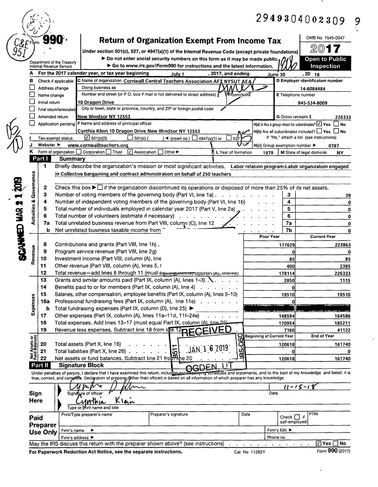 Image of first page of 2017 Form 990O for American Federation of Teachers - 2590 Cornwall Central Teachers Assn