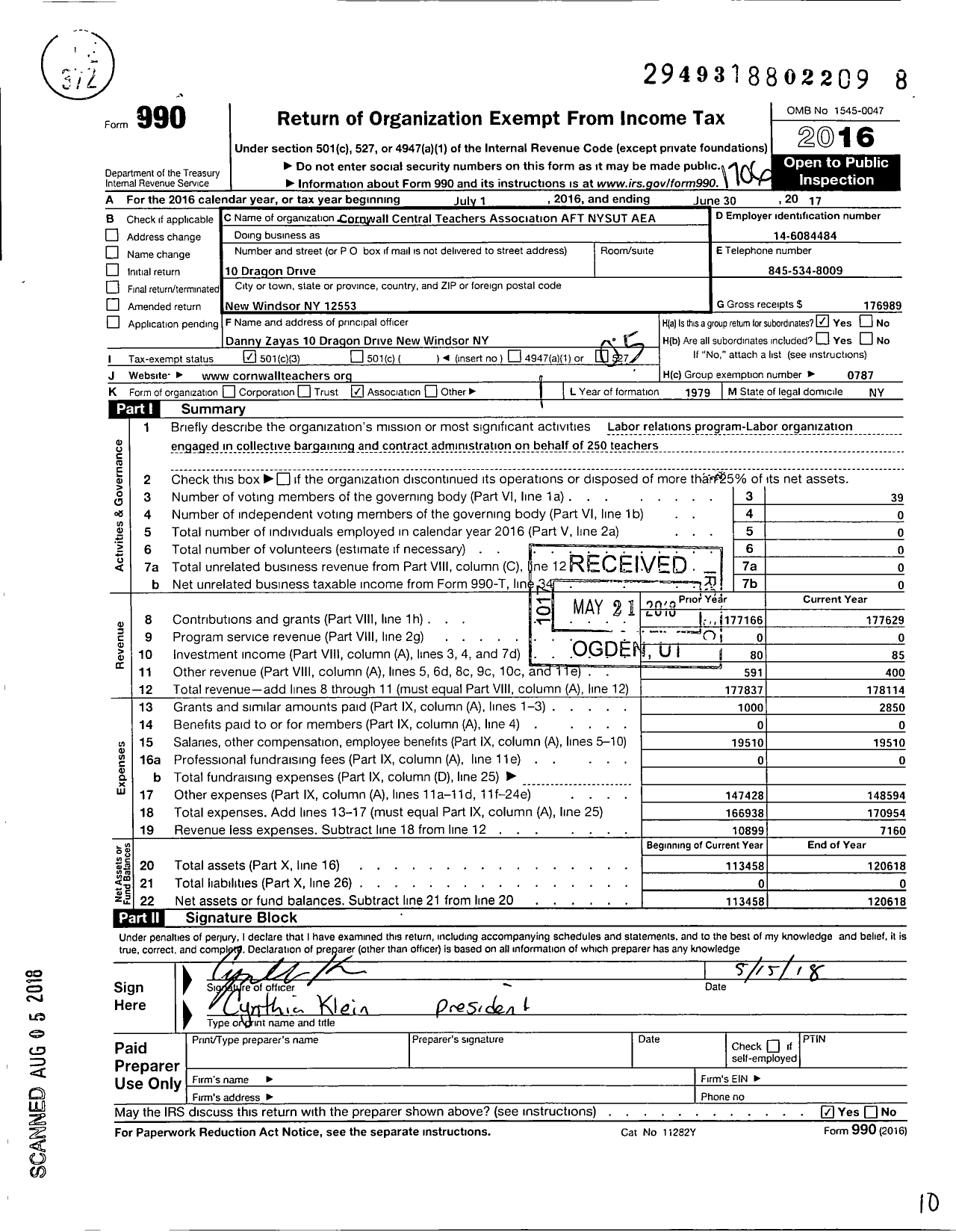 Image of first page of 2016 Form 990O for American Federation of Teachers - 2590 Cornwall Central Teachers Assn