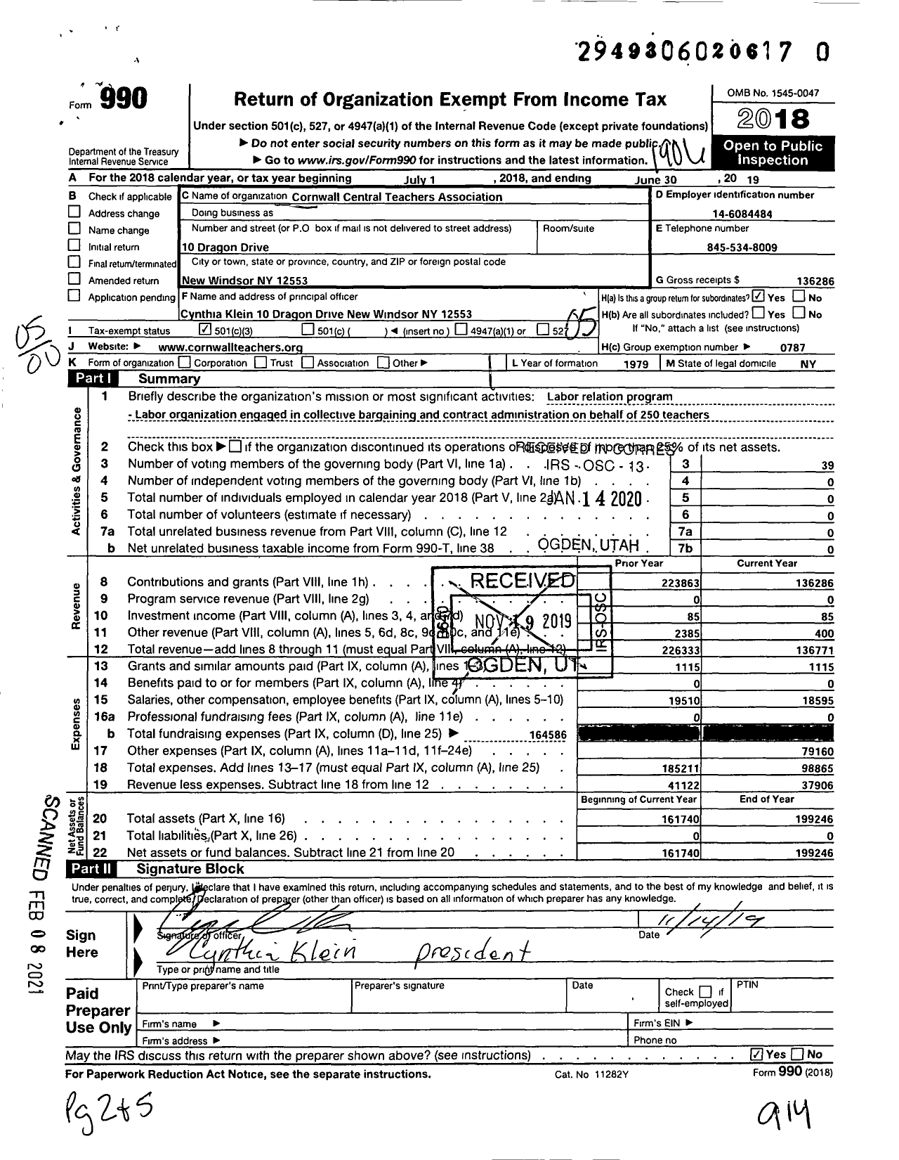 Image of first page of 2018 Form 990O for American Federation of Teachers - 2590 Cornwall Central Teachers Assn