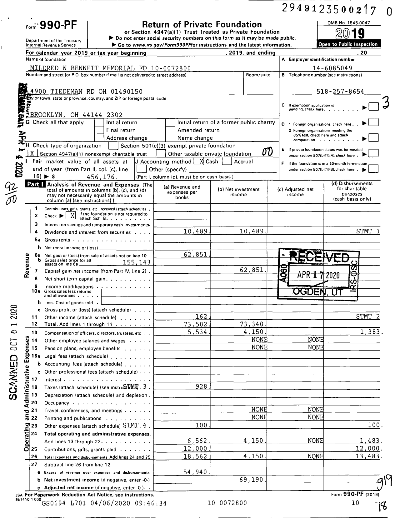 Image of first page of 2019 Form 990PR for Mildred W Bennett Memorial Fund