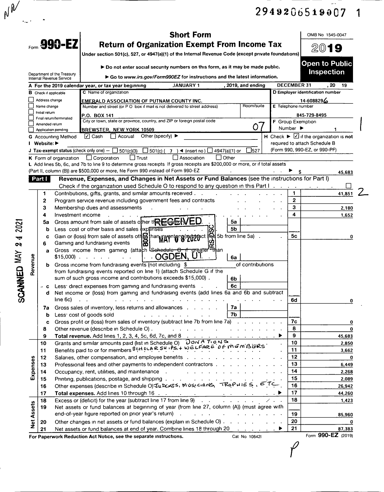 Image of first page of 2019 Form 990EO for Emerald Association of Putnam County