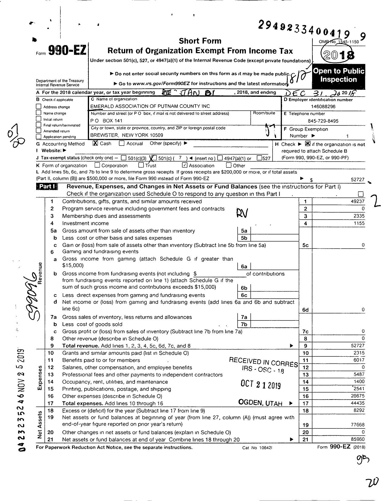 Image of first page of 2018 Form 990EO for Emerald Association of Putnam County