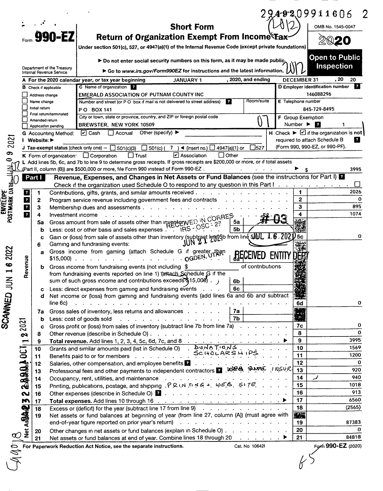 Image of first page of 2020 Form 990EO for Emerald Association of Putnam County