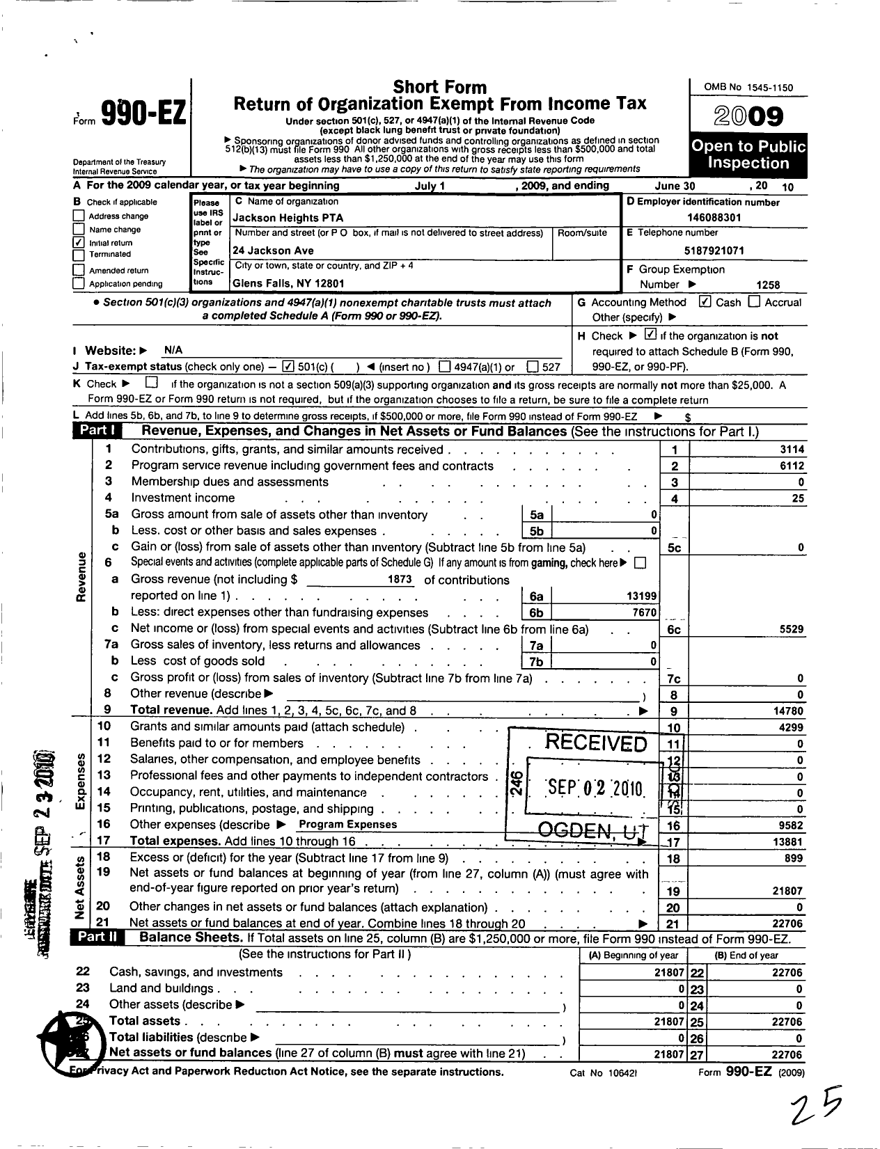 Image of first page of 2009 Form 990EO for New York State PTA - 12-167 Jackson Heights PTA
