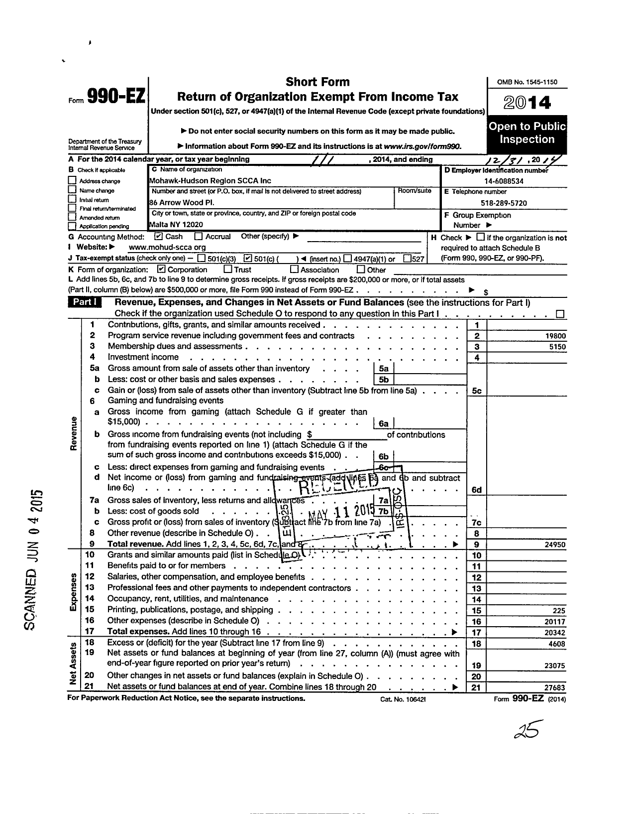 Image of first page of 2014 Form 990EO for Mohawk Hudson Region Scca