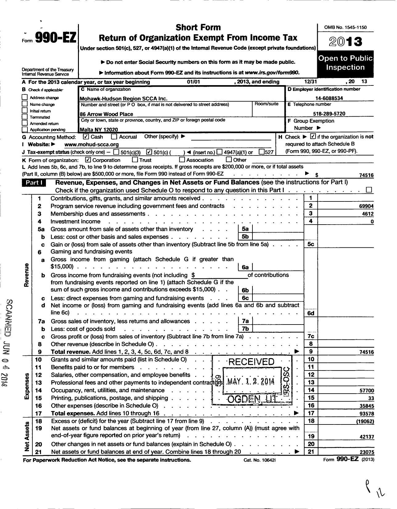 Image of first page of 2013 Form 990EO for Mohawk Hudson Region Scca