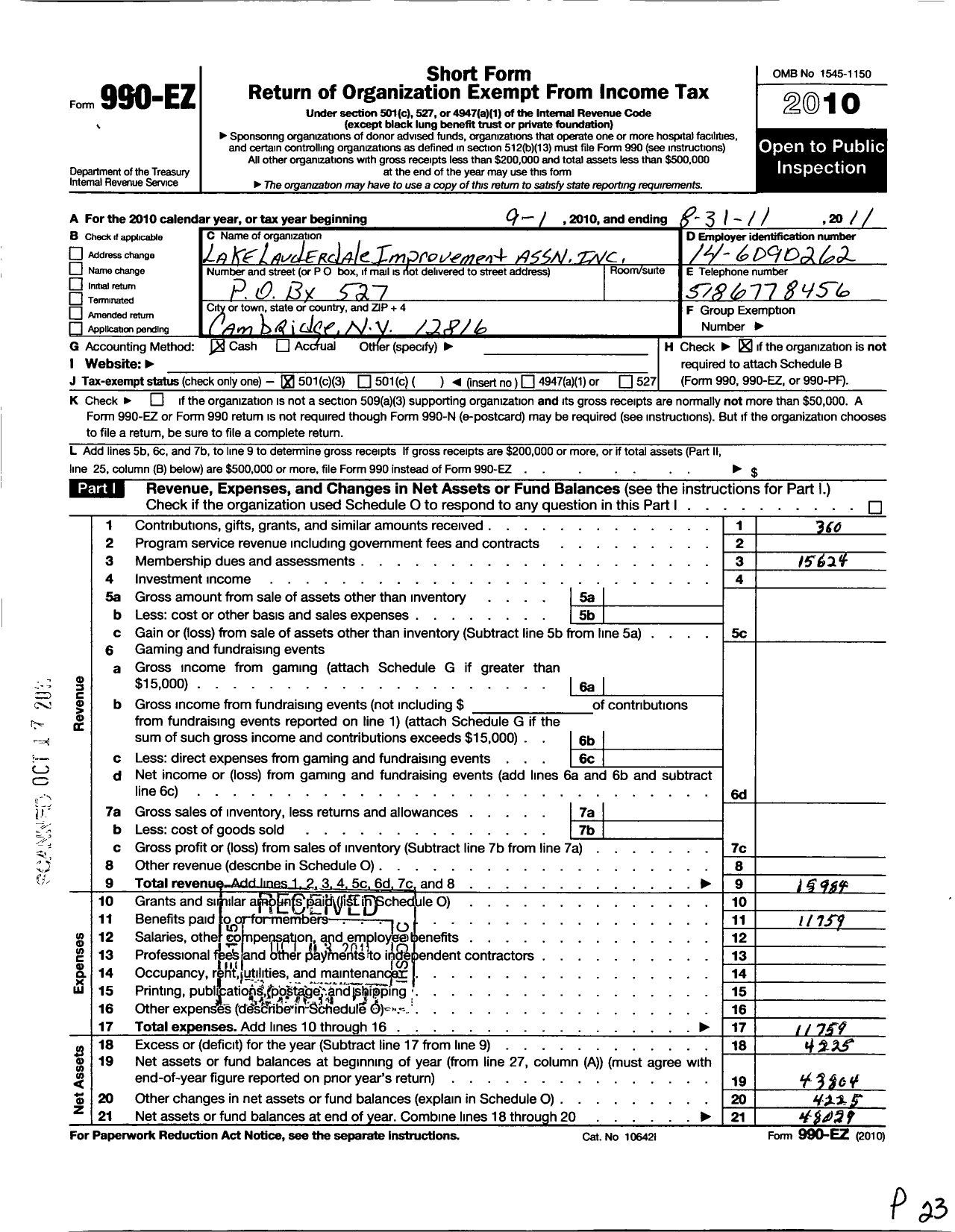 Image of first page of 2010 Form 990EZ for Lake Lauderdale Improvement Association