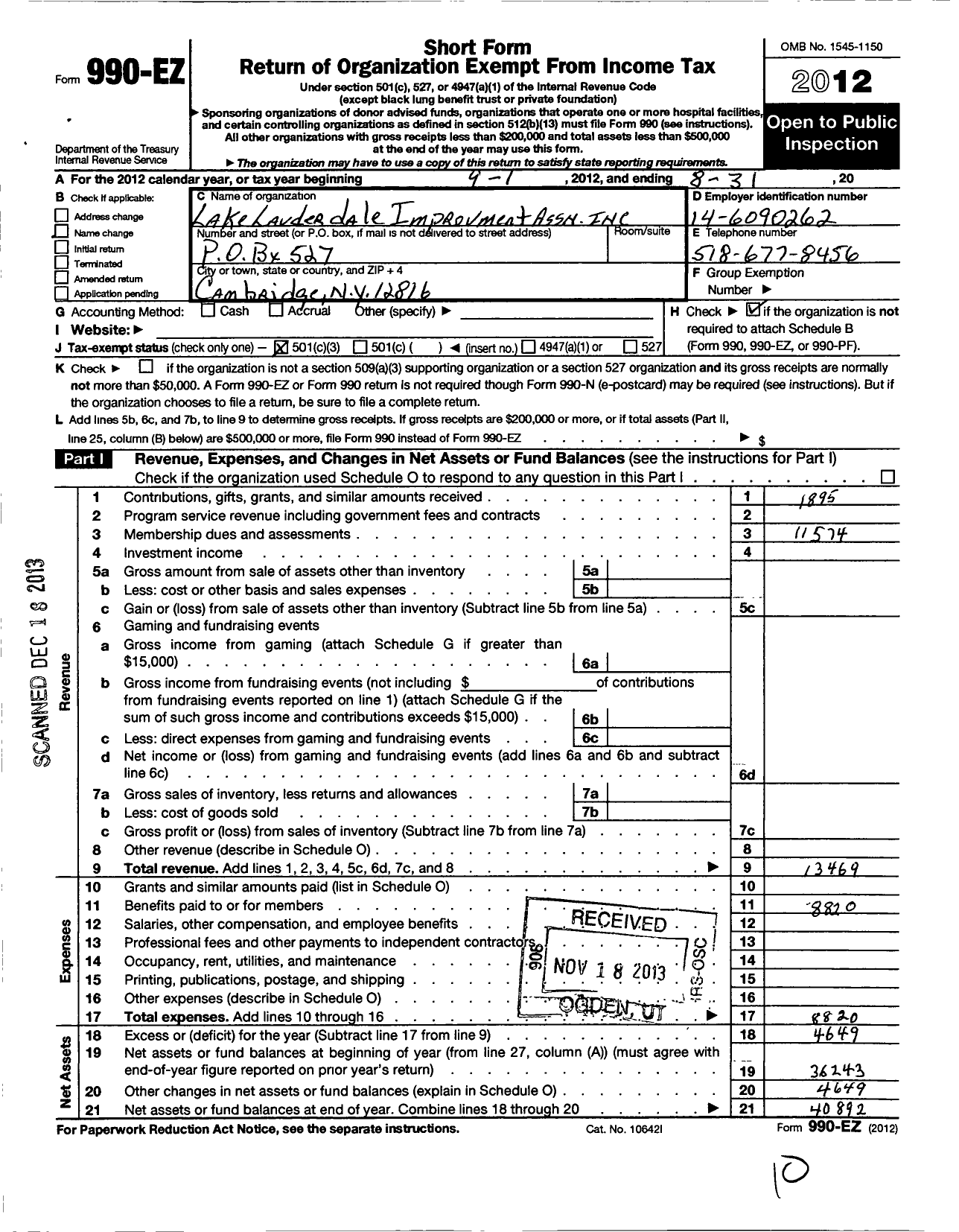 Image of first page of 2011 Form 990EZ for Lake Lauderdale Improvement Association