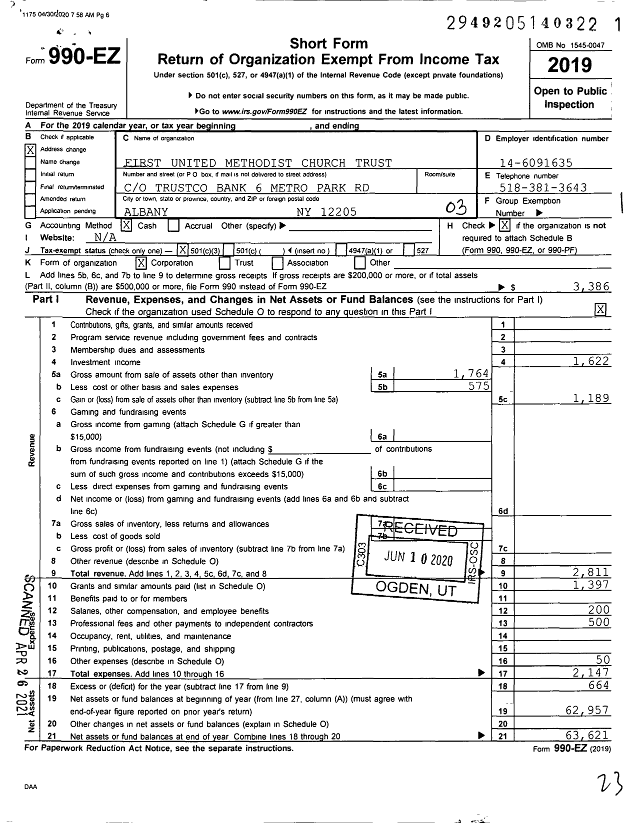 Image of first page of 2019 Form 990EZ for First United Methodist Church Trust