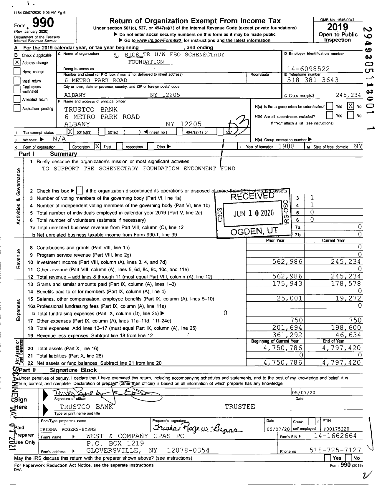 Image of first page of 2019 Form 990 for K Rice TR Uw Fbo Schenectady Foundation