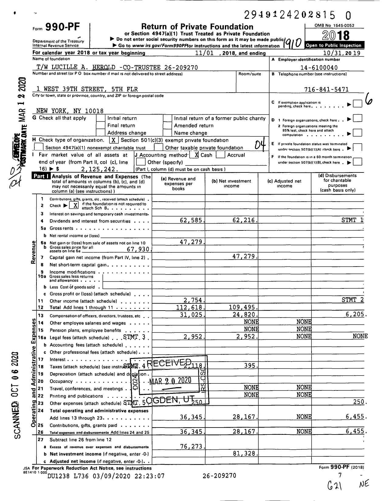 Image of first page of 2018 Form 990PR for TW Lucille A Herold -co-trustee 26-209270