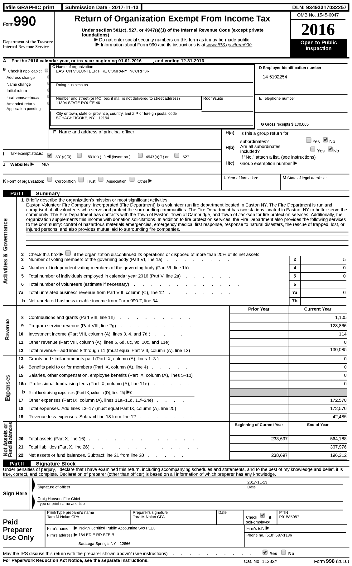 Image of first page of 2016 Form 990 for Easton Volunteer Fire
