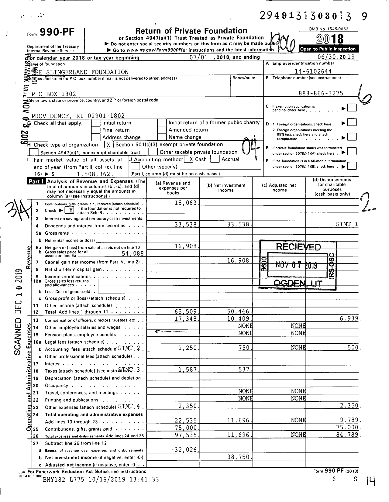 Image of first page of 2018 Form 990PF for The Slingerland Foundation