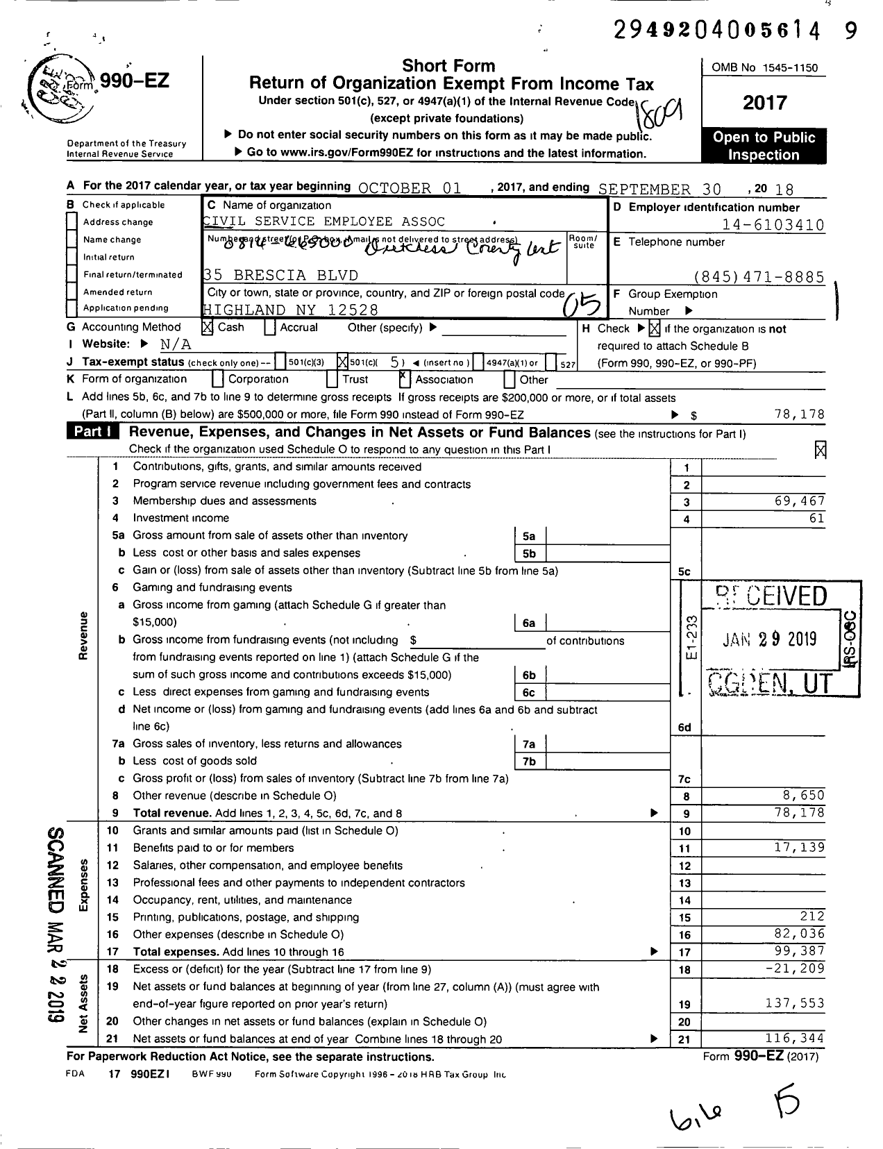 Image of first page of 2017 Form 990EO for Civil Service Employees Association - 0814-665000 Dutchess Co Unit