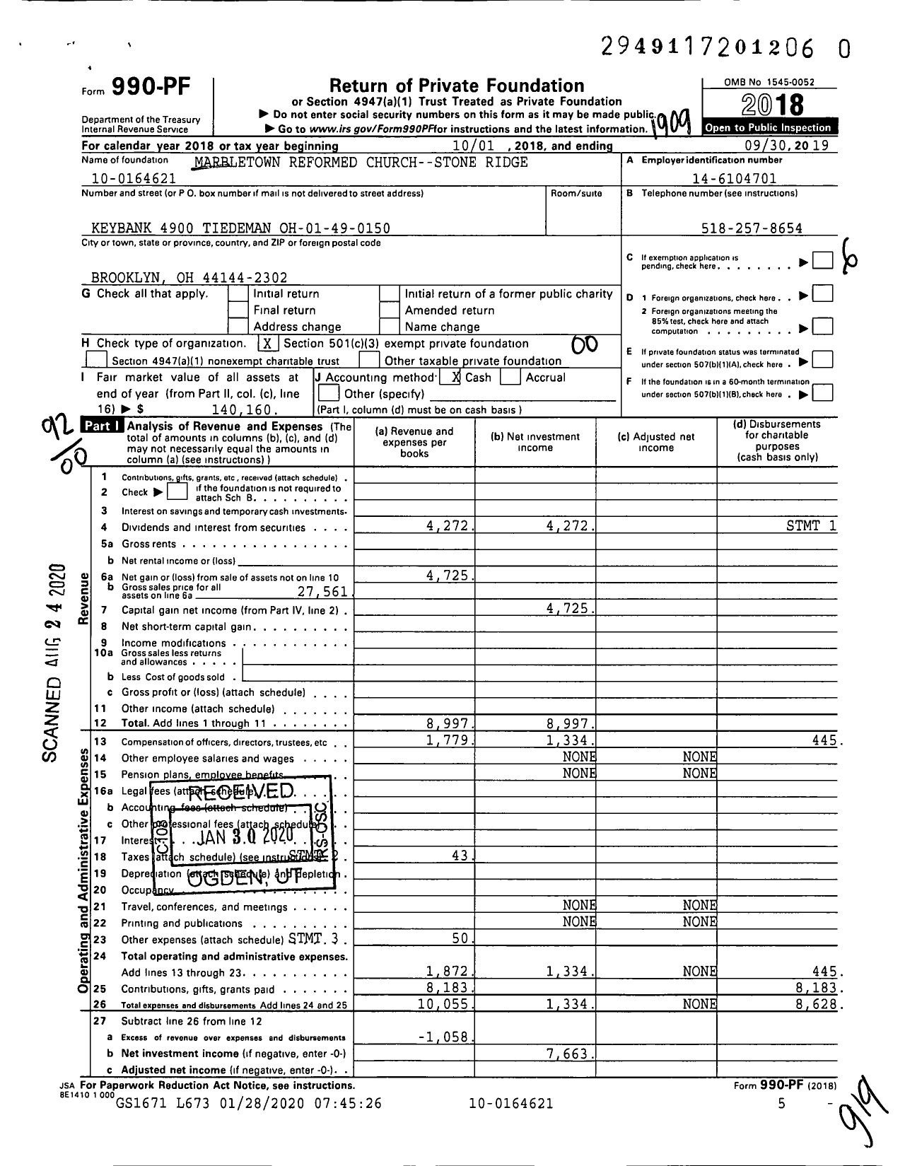 Image of first page of 2018 Form 990PR for Marbletown Reformed Church--Stone Ridge