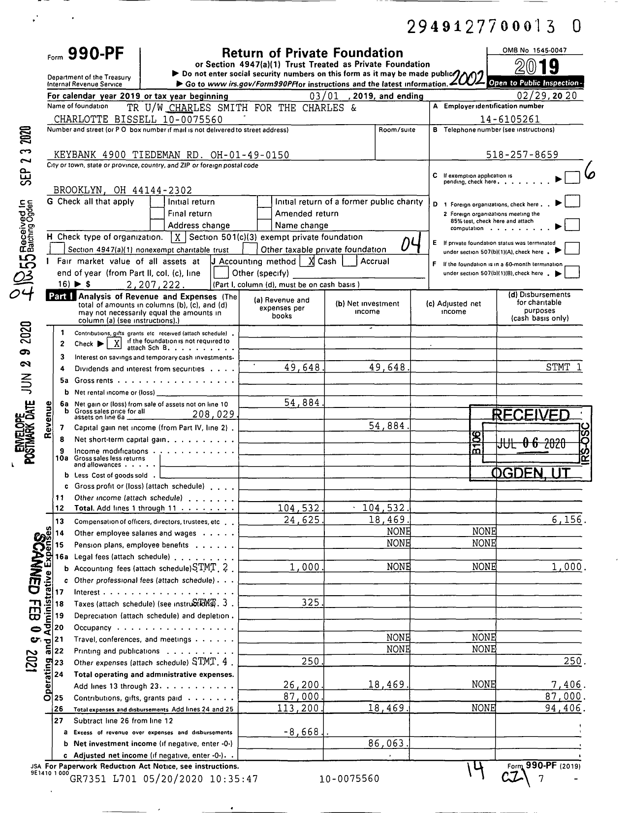 Image of first page of 2019 Form 990PF for TR Uw Charles Smith for the Charles