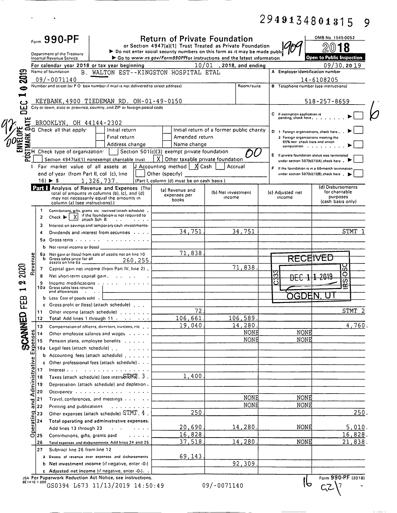 Image of first page of 2018 Form 990PF for B Walton Est--Kingston Hospital Etal