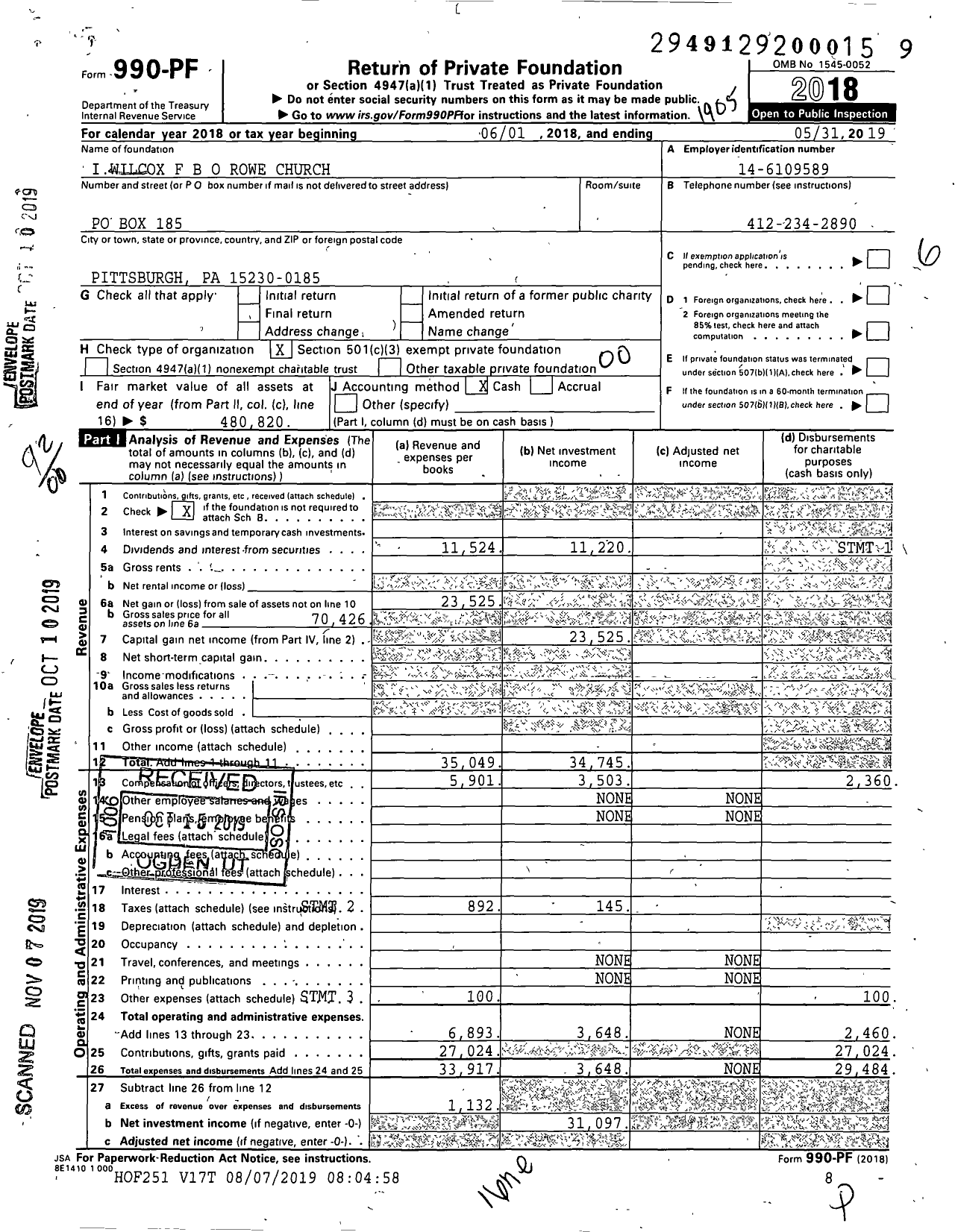 Image of first page of 2018 Form 990PF for Iwilcox F B O Rowe Church