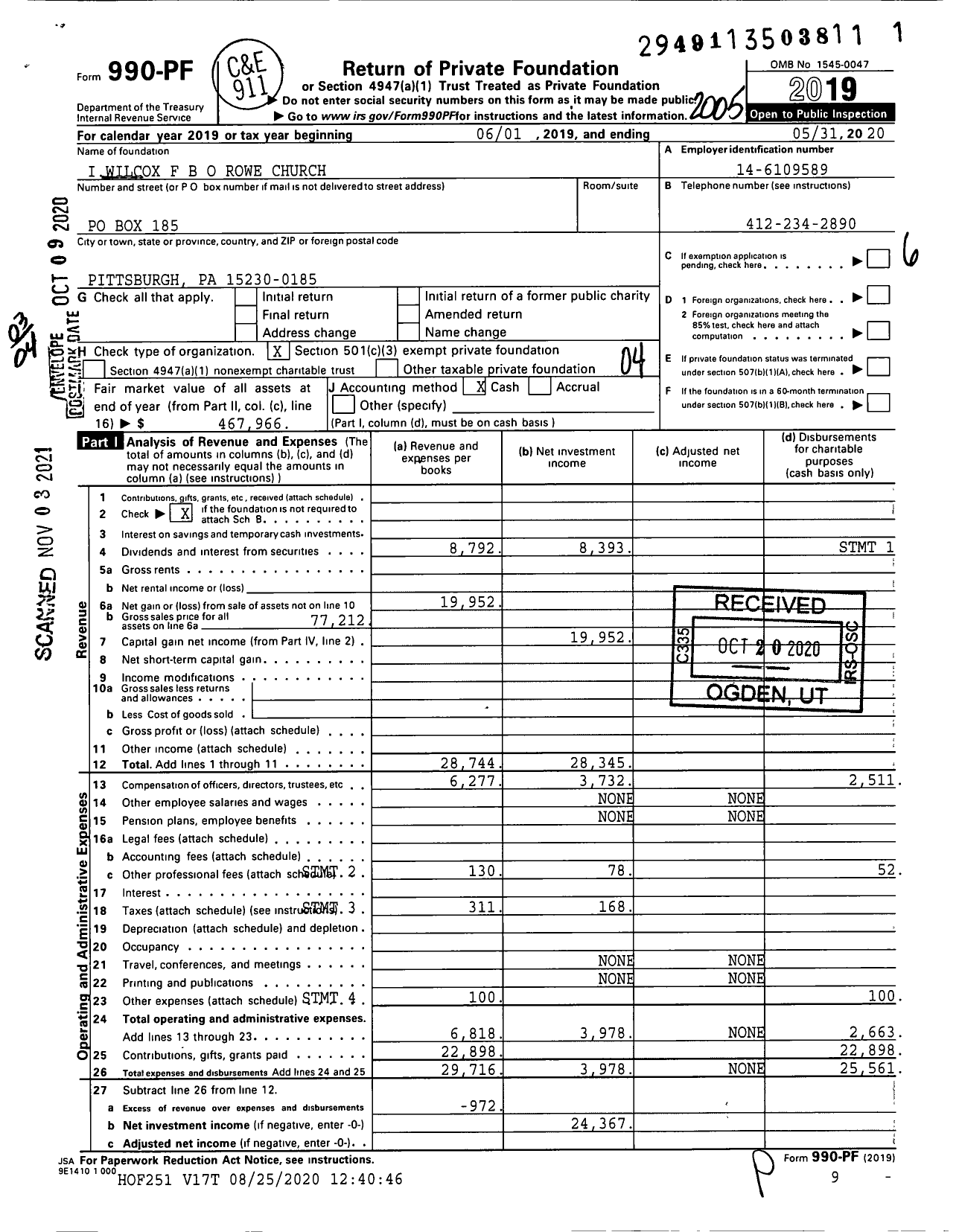 Image of first page of 2019 Form 990PF for Iwilcox F B O Rowe Church