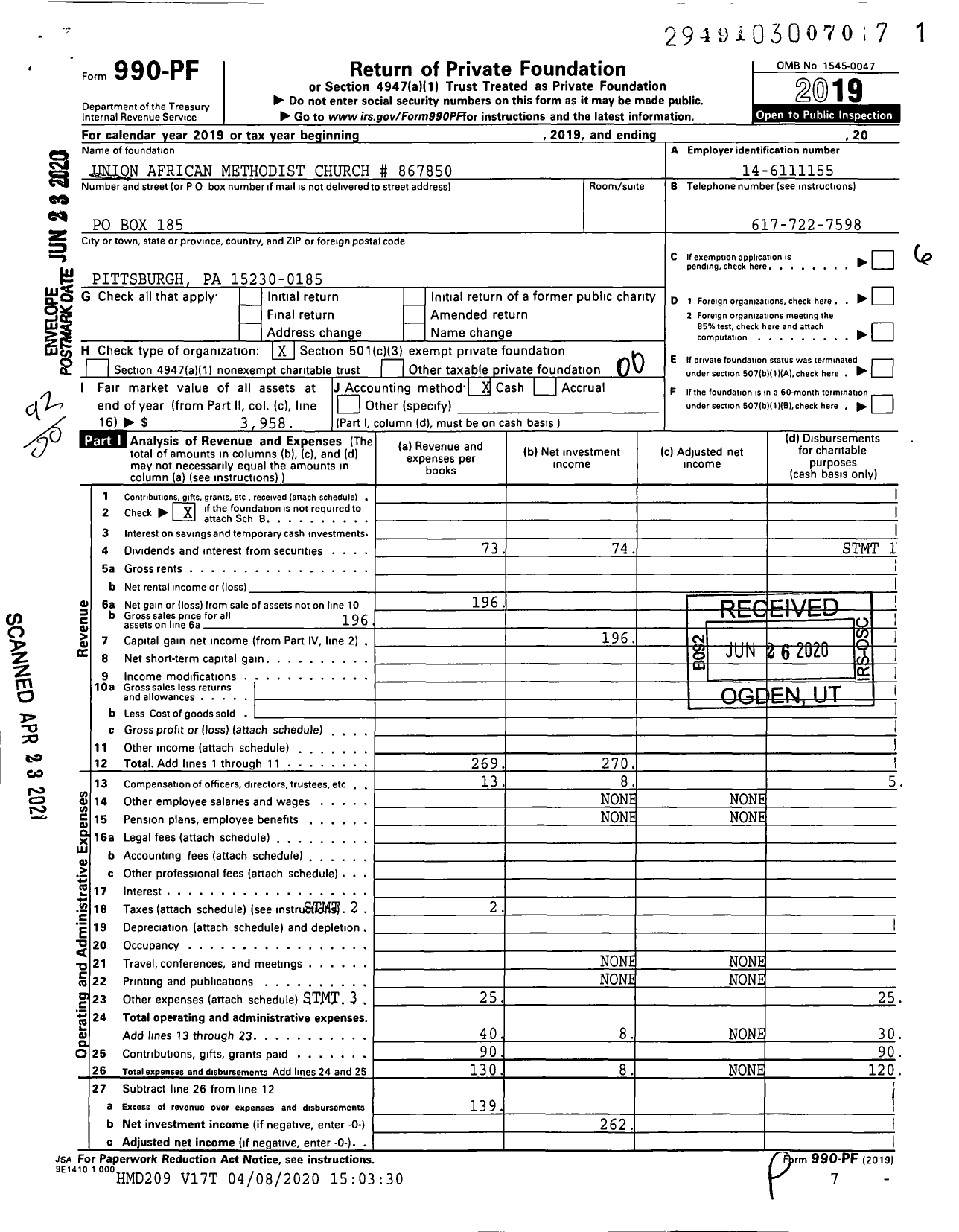 Image of first page of 2019 Form 990PF for Union African Methodist Church # 867850