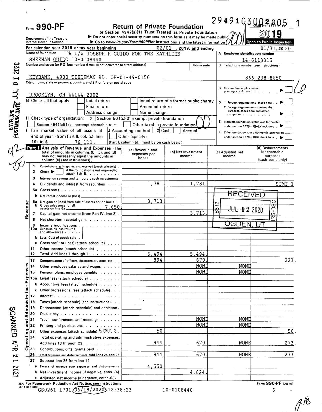 Image of first page of 2019 Form 990PF for TR Uw Joseph H Guido for the Kathleen