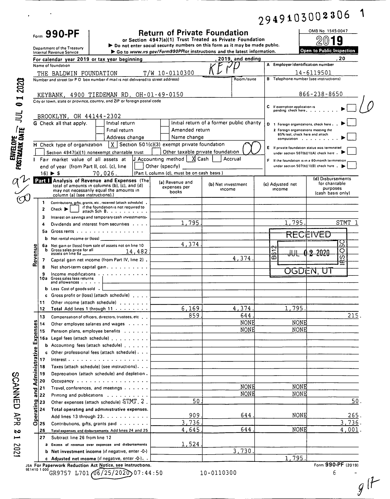 Image of first page of 2019 Form 990PF for The Baldwin Foundation TW