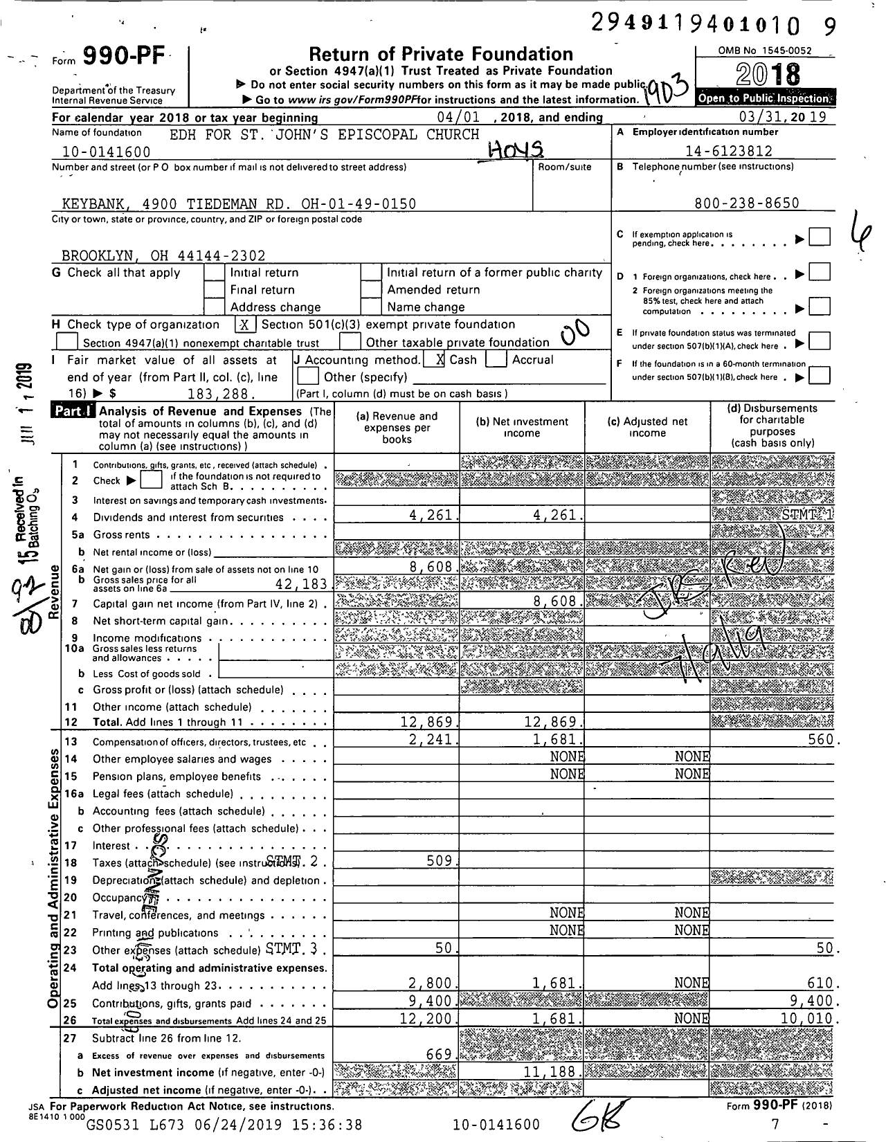 Image of first page of 2018 Form 990PF for Edh for St John's Episcopal Church