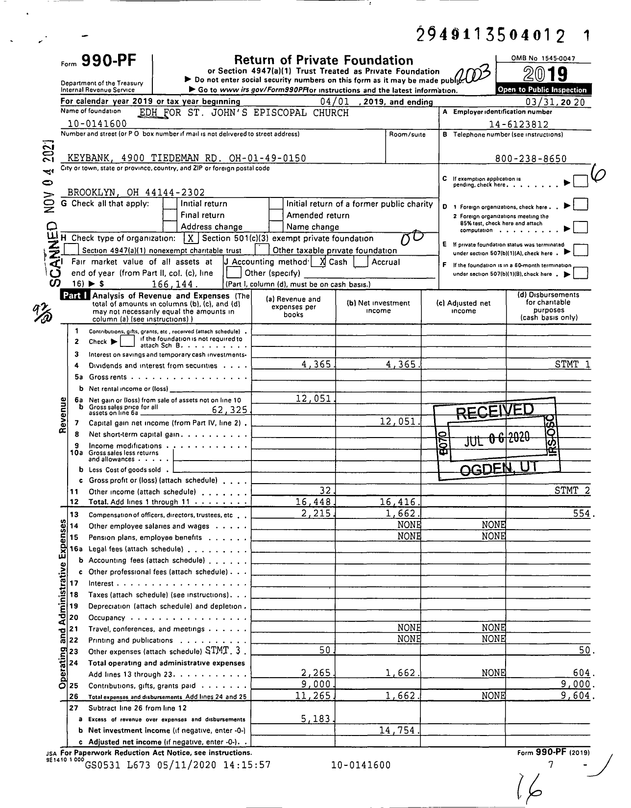 Image of first page of 2019 Form 990PF for Edh for St John's Episcopal Church