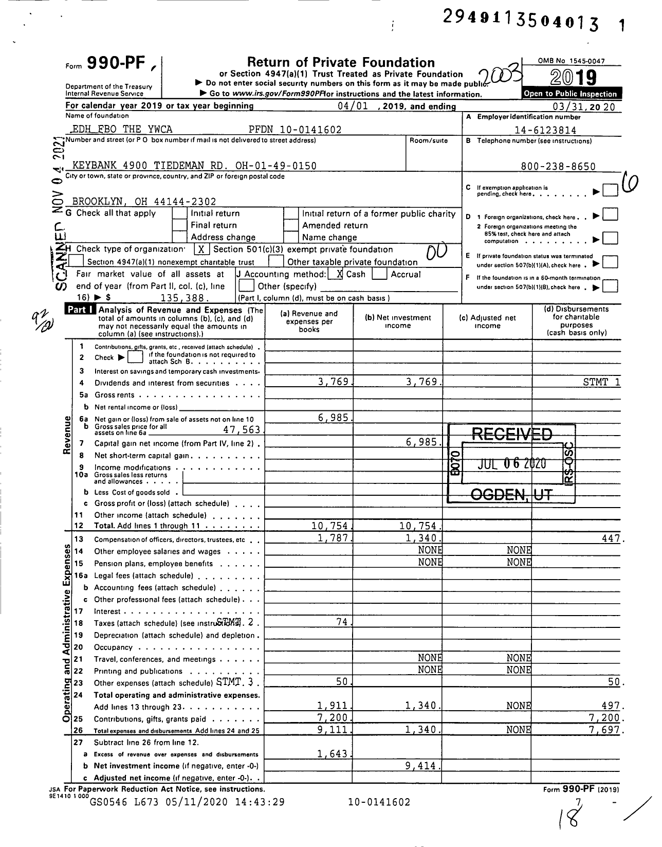 Image of first page of 2019 Form 990PF for Edh Fbo the Ywca PFDN