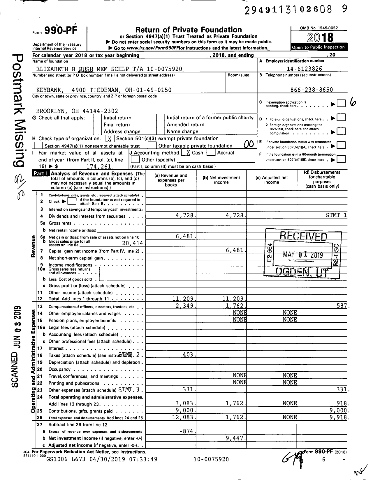 Image of first page of 2018 Form 990PF for Elizabeth B Bush Mem SCHLP Ta