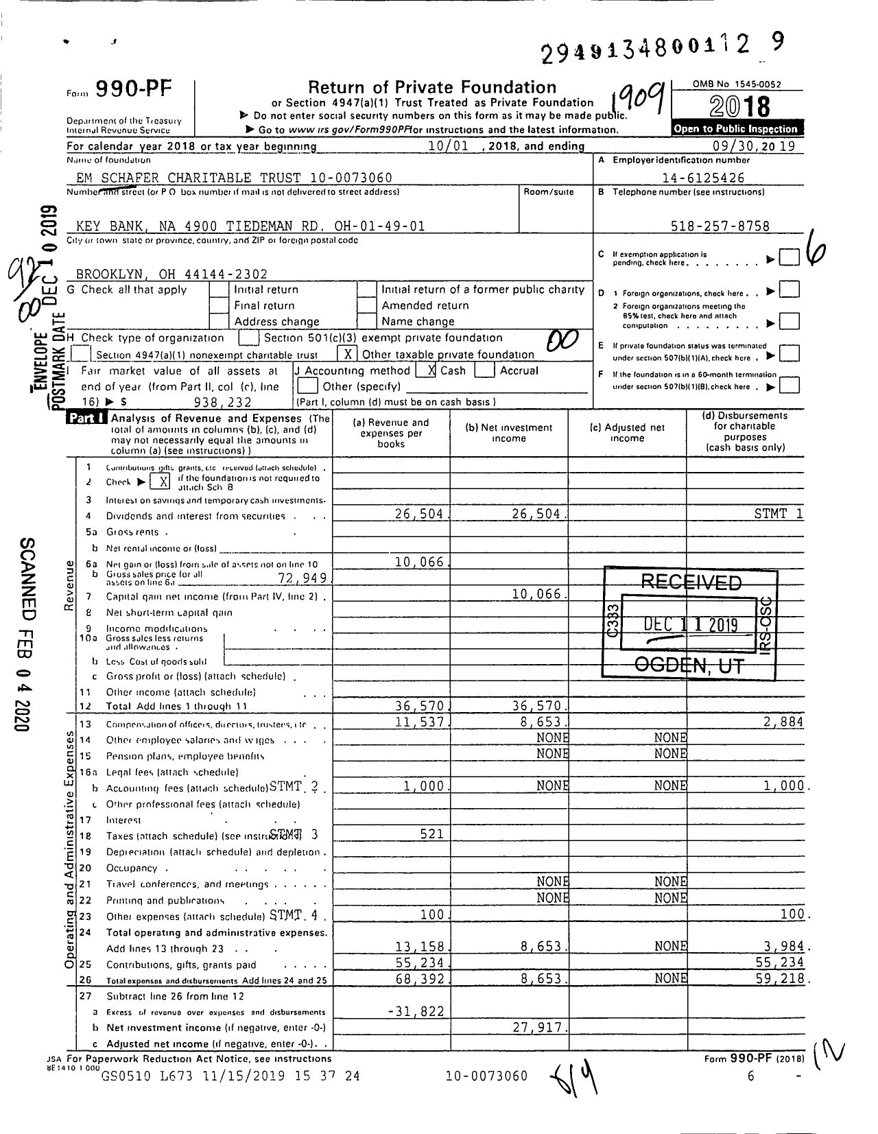 Image of first page of 2018 Form 990PF for Em Schafer Charitable Trust