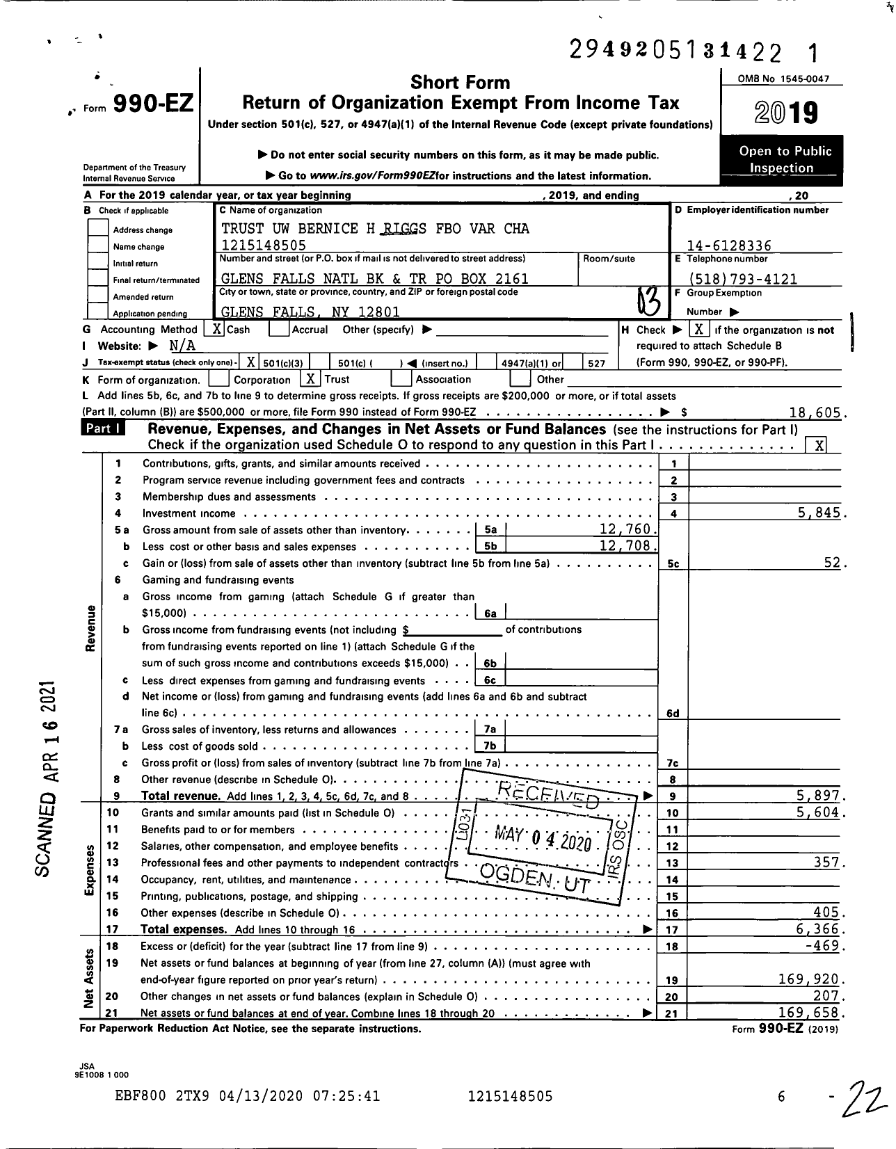 Image of first page of 2019 Form 990EZ for Trust Uw Bernice H Riggs Fbo Var Char