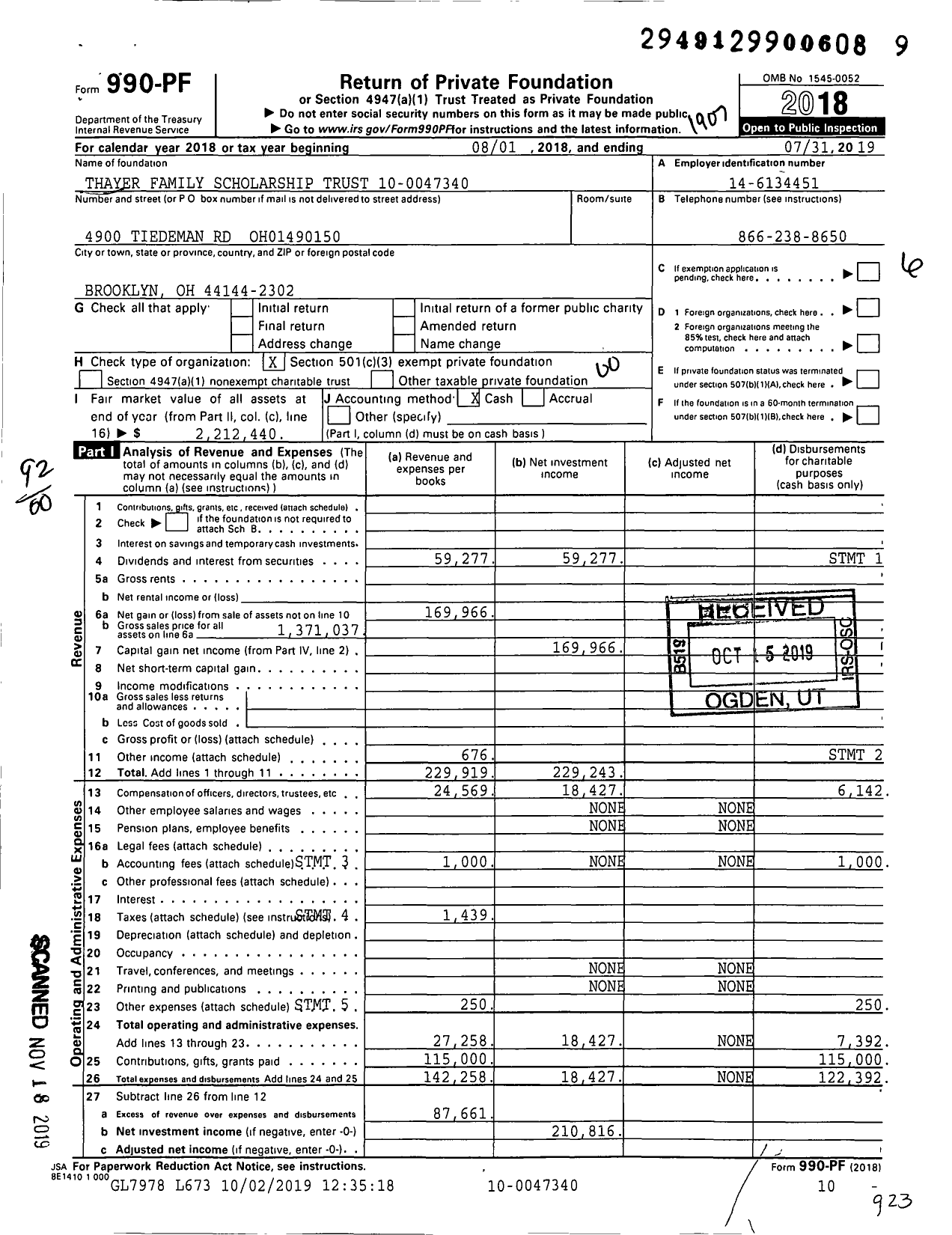 Image of first page of 2018 Form 990PF for Thayer Family Scholarship Trust