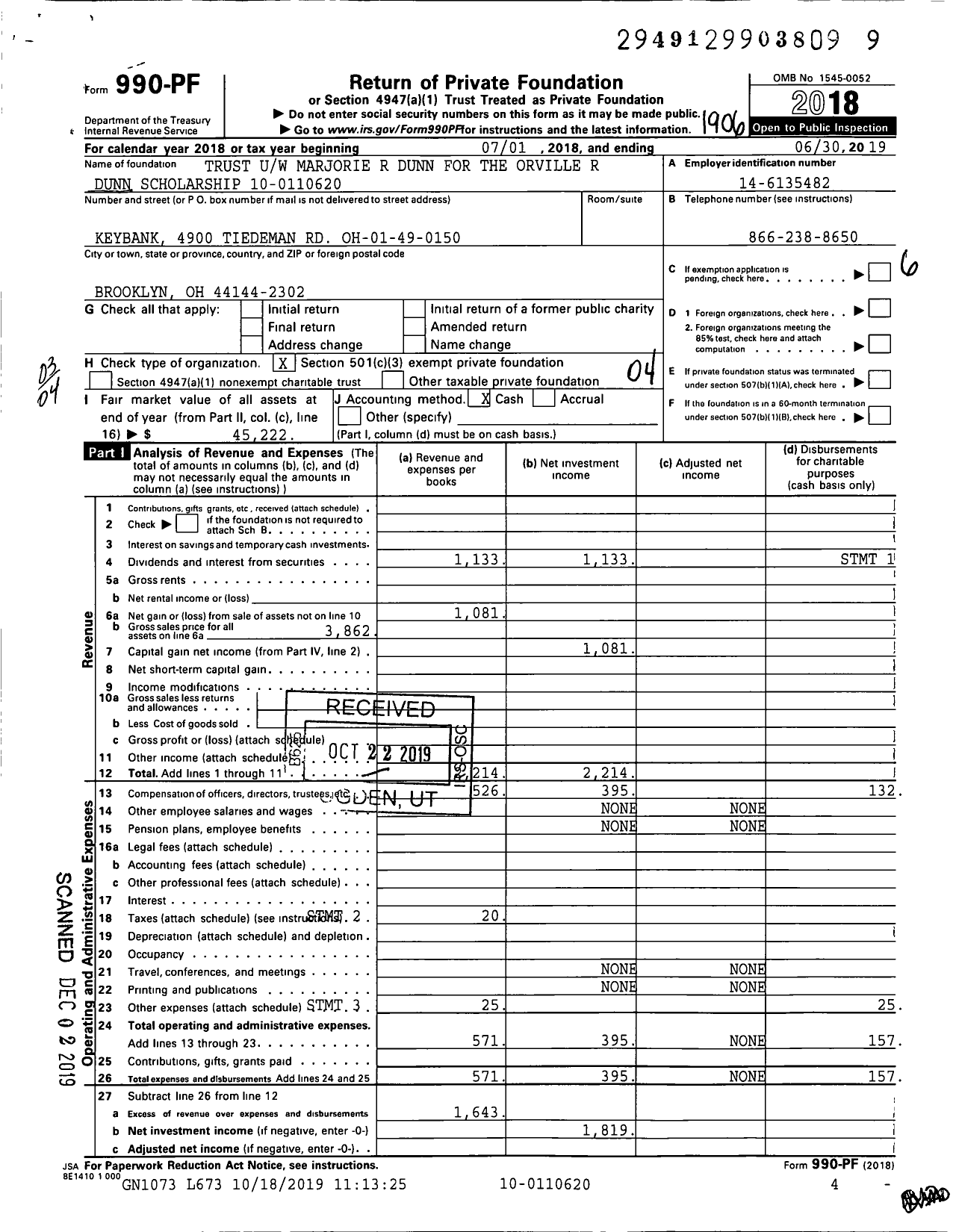 Image of first page of 2018 Form 990PF for Trust Uw Marjorie R Dunn for the Orville R