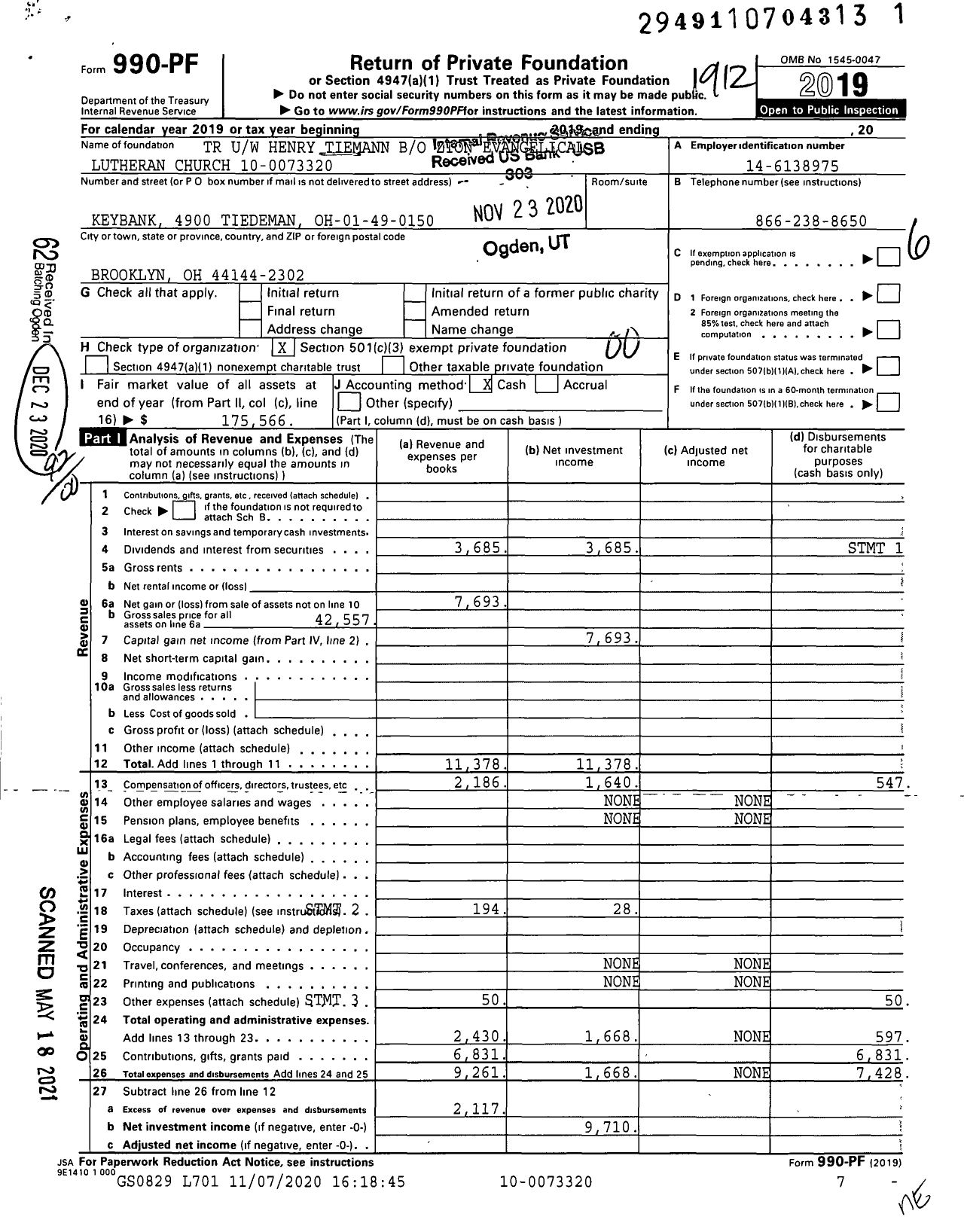 Image of first page of 2019 Form 990PF for TR Uw Henry Tiemann Bo Zion Evangelical