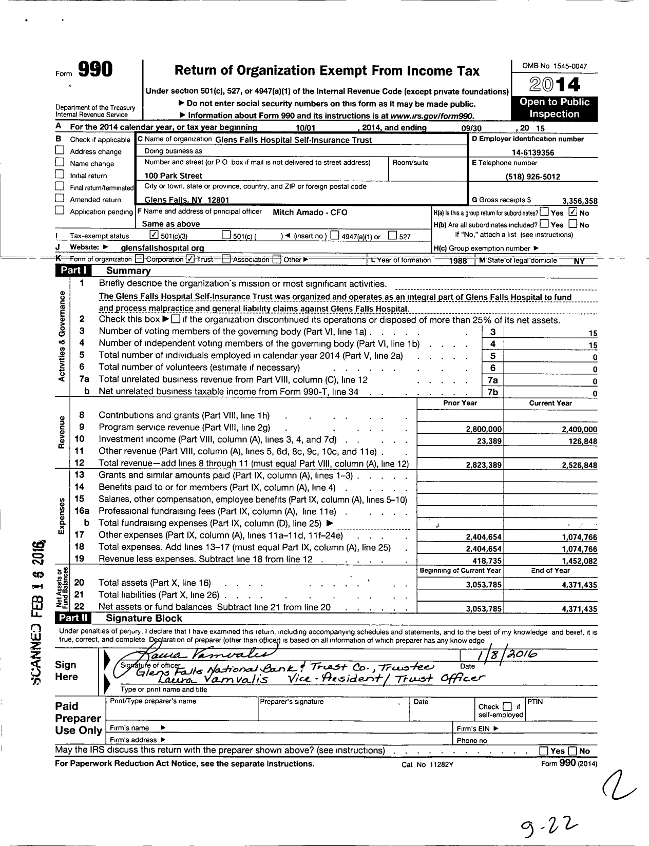 Image of first page of 2014 Form 990 for Glens Falls Hospital Self Ins Trust