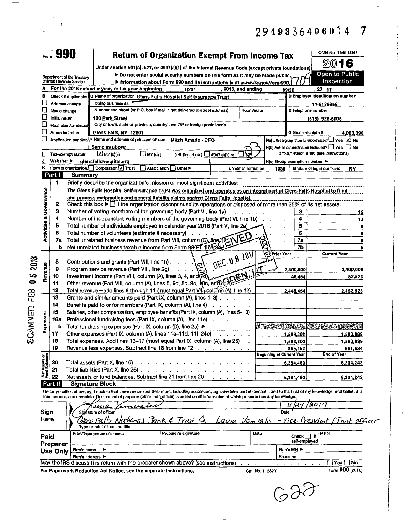 Image of first page of 2016 Form 990 for Glens Falls Hospital Self Ins Trust