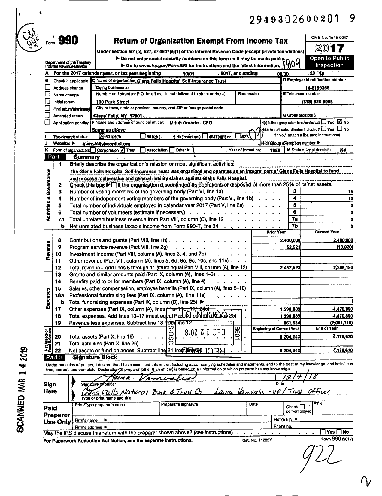 Image of first page of 2017 Form 990 for Glens Falls Hospital Self Ins Trust