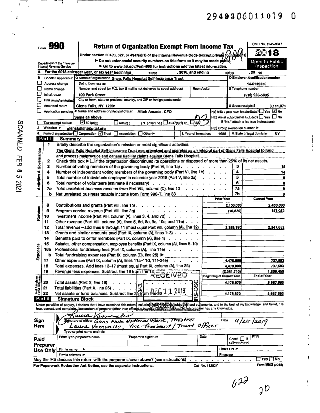Image of first page of 2018 Form 990 for Glens Falls Hospital Self Ins Trust